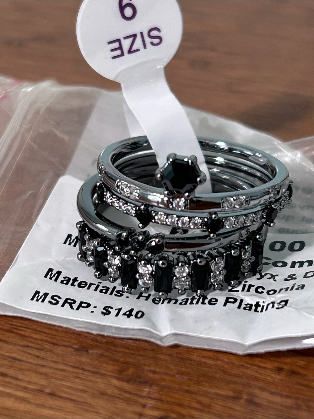 Hematite Plated Black and Silver Stackable Ring Set - Size 6